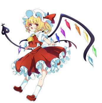  1girl ascot baba_(baba_seimaijo) blonde_hair commentary_request crystal crystal_wings fang flandre_scarlet frilled_skirt frills full_body hat hat_ribbon highres holding holding_weapon laevatein_(touhou) loafers looking_at_viewer mob_cap multicolored_wings one_side_up open_mouth outstretched_arms pointy_ears puffy_short_sleeves puffy_sleeves red_eyes red_shoes red_skirt red_vest ribbon second-party_source shirt shoes short_sleeves skirt skirt_set socks solo spread_arms touhou vest weapon white_hat white_shirt white_socks wings yellow_ascot 