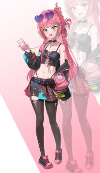  1girl absurdres alternate_costume arm_at_side bandaid bandaid_on_arm belt belt_buckle black_belt black_choker black_jacket black_pantyhose black_shirt buckle cellphone choker collarbone commentary_request crop_top cropped_shirt cross-laced_clothes cross-laced_top cutoffs denim denim_shorts earphones eyewear_on_head fingernails full_body green_eyes groin hair_intakes hair_ornament hairclip half-skirt hanako_nana hand_up heart heart-shaped_buckle heart-shaped_eyewear highres holding holding_phone jacket jewelry korean_commentary long_hair long_sleeves looking_at_viewer micro_shorts midriff multicolored_hair multicolored_shoes nail_polish navel necklace off_shoulder open_mouth paint_on_clothes paint_splatter panty_straps pantyhose peto_(hanako_nana) phone pina_art pink_hair pink_nails pleated_skirt shirt shoes shorts shorts_under_skirt skirt sleeveless sleeveless_shirt sleeves_past_wrists smartphone smile sneakers solo spaghetti_strap standing stellive straight_hair streaked_hair torn_clothes torn_pantyhose two-tone_background two-tone_shoes virtual_youtuber wispy_bangs zoom_layer 