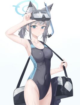  1girl absurdres animal_ear_fluff animal_ears bag black_one-piece_swimsuit blue_archive blue_eyes breasts commentary competition_swimsuit covered_navel cowboy_shot cross_hair_ornament diving_mask diving_mask_on_head english_commentary extra_ears goggles goggles_on_head grey_hair hair_ornament halo harveythenerdy highres low_ponytail medium_breasts medium_hair mismatched_pupils multicolored_swimsuit official_alternate_costume one-piece_swimsuit ponytail shiroko_(blue_archive) shiroko_(swimsuit)_(blue_archive) simple_background snorkel solo swimsuit white_background wolf_ears 