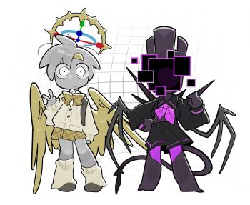  2boys :| ahoge alternate_costume animification arm_at_side asymmetrical_legwear barefoot black_shirt black_skin black_skirt black_tail black_wings blue_halo bow bowtie brothers buttons cardigan clenched_hand closed_mouth collared_shirt colored_skin commentary_request contrapposto covered_face crop_top cropped_shirt crossdressing crossdressing_(mtf) deformed demon_boy demon_tail demon_wings expressionless facing_viewer feathered_wings fewer_digits full_body grey_hair grey_shoes grey_skin grid_background halo hand_on_own_hip hand_up headband highres huge_ahoge kneehighs korean_commentary light_frown long_sleeves looking_at_viewer loose_socks lord_exo_(tower_defense_simulator) male_focus midriff miniskirt multiple_boys multiple_halos neckerchief no_eyebrows no_nose pigeon-toed pink_neckerchief plaid_bow plaid_bowtie plaid_clothes plaid_skirt pleated_skirt puffy_long_sleeves puffy_sleeves roblox school_uniform shirt shoes short_hair siblings side-by-side simple_background skirt sleeves_past_wrists socks space7human standing straight-on tail tareme toes tower_defense_simulator two_x_(tower_defense_simulator) uneven_legwear v very_short_hair white_background white_eyes white_shirt wide-eyed wings yellow_bow yellow_bowtie yellow_cardigan yellow_halo yellow_headband yellow_skirt yellow_socks yellow_wings 