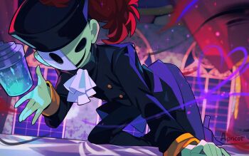  1boy apricot4 artist_name ascot bad_id bad_twitter_id bemani black_hat black_jacket black_mouth black_pants black_shoes buttons colored_skin floating floating_object green_skin half_mask hat heart highres hollow_eyes indoors jacket kneeling long_sleeves male_focus mask object_floating_above_hand open_mouth pants plume pop'n_music shoes smile solo sparkle white_ascot white_mask zizz 