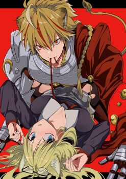  1boy 1girl ahoge all_fours armor blonde_hair blue_eyes blush braid braided_ponytail cape collared_shirt commentary_request fate/strange_fake fate_(series) hetero highres lying medium_hair mouth_hold multicolored_hair on_back pantyhose red_background red_eyes red_streaks ribbon ribbon_in_mouth richard_i_(fate) sajou_ayaka_(fate/strange_fake) shirt side_braid single_braid skirt smile streaked_hair sweater torn_clothes torn_pantyhose unworn_eyewear xzhihanx 