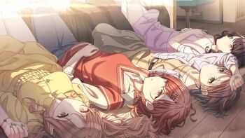  4girls artist_request asakura_toru black_hair blue_pants brown_dress brown_eyes brown_hair dress earrings fukumaru_koito hair_ornament hairclip highres higuchi_madoka ichikawa_hinana idolmaster idolmaster_shiny_colors indoors jewelry leggings long_hair lying mole mole_under_eye multiple_girls nail_polish noctchill_(idolmaster) official_art on_back on_floor overall_skirt pants purple_skirt red_eyes red_vest short_hair skirt sweater_vest vest wooden_floor yellow_dress 