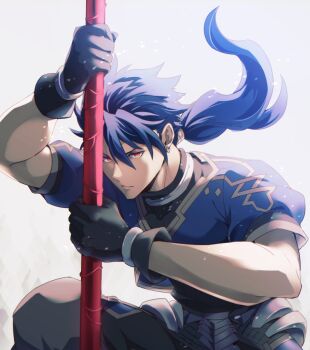  0nodera 1boy black_gloves blue_hair blue_shirt closed_mouth commentary_request cu_chulainn_(fate) cu_chulainn_(fate/prototype) earrings expressionless fate/prototype fate_(series) floating_hair gloves holding holding_polearm holding_weapon jewelry long_hair looking_at_viewer male_focus planted planted_polearm polearm ponytail red_eyes shirt short_sleeves solo squatting upper_body weapon 