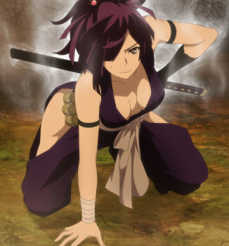 1girl breasts cleavage collarbone hair_over_one_eye jigokuraku purple_eyes purple_hair solo stitched sword third-party_edit weapon yuzuriha_(jigokuraku) 