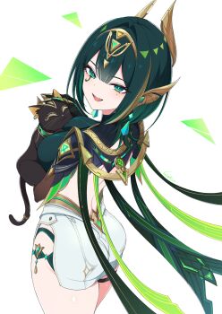  1girl ancient_egyptian_clothes ashru_(genshin_impact) breasts cat claw_ring commentary_request cowboy_shot ear_covers facial_mark fang from_behind genshin_impact green_eyes green_hair green_shirt hairband headgear highres kamuraaa_615 large_breasts looking_at_viewer looking_back mole mole_under_eye nefer_(genshin_impact) open_mouth shirt short_hair skirt smile thigh_strap vision_(genshin_impact) white_background white_skirt 