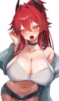 1girl absurdres alternate_breast_size_(larger) belt_collar bra breasts cleavage collar collarbone commentary denim denim_shorts english_commentary goddess_of_victory:_nikke grey_jacket highres horns huge_breasts jacket long_hair maviss_03 mechanical_horns navel official_alternate_costume open_fly orange_eyes paid_reward_available panties ponytail red_hair red_hood_(nikke) red_hood_(retro_days)_(nikke) shorts simple_background solo stomach tongue tongue_out underwear very_long_hair white_background white_bra white_panties rating:Sensitive score:20 user:danbooru