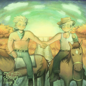  2boys arm_tattoo bandana blonde_hair boots brothers commentary cowboy cowboy_hat cutie_mark denim english_commentary fortunemagex hat highres holding_hands horseback_riding incest jeans looking_at_another male_focus millions_knives multiple_boys pants prosthesis prosthetic_arm riding siblings tank_top tattoo topless_male trigun trigun_stampede twincest twins vash_the_stampede western yaoi 