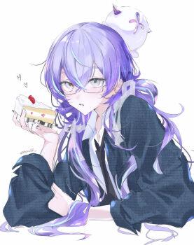  1boy :o absurdres alternate_costume bad_anatomy bad_hands bespectacled black_necktie blue_hair blue_jacket cake cake_slice collared_shirt commentary food ghost glasses grey_eyes heart highres holding holding_cake holding_food hoshirube_sho invisible_table jacket kokuto_(bsmilk) leaning_forward long_hair looking_at_viewer male_focus multicolored_hair necktie nijisanji otomo_(hoshirube_sho) parted_lips purple_hair shirt sketch solo streaked_hair symbol-only_commentary upper_body very_long_hair virtual_youtuber white_shirt 
