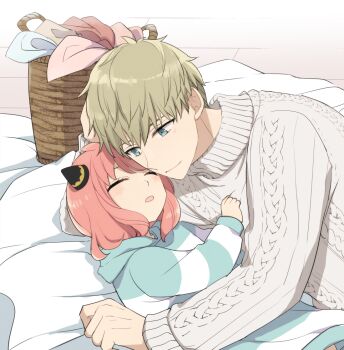  1boy 1girl adoptive_parent_and_adoptive_child anya_(spy_x_family) aran_sweater blanket blonde_hair cable_knit child closed_eyes closed_mouth commentary_request family_bonding father_and_daughter fatherly grey_sweater hairpods hood hood_down hoodie laundry laundry_basket long_sleeves lying medium_hair mello79 on_side open_mouth pink_hair short_hair sleeping smile spy_x_family striped_clothes striped_hoodie sweater twilight_(spy_x_family) variant_set very_short_hair wooden_floor 