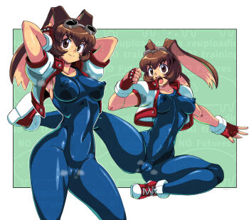  1girl animal_ears arms_up blue_unitard breasts brown_eyes brown_hair closed_mouth collarbone commentary_request covered_erect_nipples covered_navel cropped_jacket fingerless_gloves full_body gloves goggles goggles_on_head green_background hands_up highres jacket kanriken kicking looking_at_viewer makihara_arina medium_breasts multiple_views open_clothes open_jacket open_mouth puffy_short_sleeves puffy_sleeves rabbit_ears red_gloves shoes short_sleeves simple_background skin_tight smile sneakers sweat sweatdrop teeth unitard upper_teeth_only waku_waku_7 