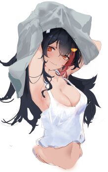 1girl absurdres alternate_costume armpits arms_up asymmetrical_hair black_hair blush breasts cleavage closed_mouth commentary cowboy_shot cropped_torso grey_sweater hair_ornament highres hololive long_hair looking_at_viewer medium_breasts menomeno_draw midriff multicolored_hair navel ookami_mio orange_eyes red_hair simple_background single_sidelock sketch smile solo standing streaked_hair sweater tank_top two-tone_hair undressing virtual_youtuber white_background white_tank_top rating:Sensitive score:22 user:danbooru