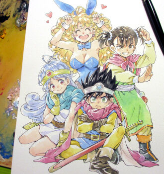  1boy 3girls ^_^ agahari animal_ears antenna_hair arms_up art_tools_in_frame bandaid bandaid_on_cheek bandaid_on_face belt belt_buckle black_boots black_hair blonde_hair blue_bow blue_bowtie blue_hair blue_leotard blue_tunic bodysuit boots bow bowtie breasts brown_belt brown_eyes buckle cape chinese_clothes circlet cleavage closed_eyes closed_mouth commentary_request crossed_arms curly_hair detached_collar dragon_quest dragon_quest_iii dress earrings fake_animal_ears frown gadabout_(dq3) gloves green_eyes grin hand_on_own_cheek hand_on_own_face hand_up head_tilt heart heart-shaped_mouth hero_(dq3) jewelry large_breasts layered_sleeves leotard long_hair long_sleeves looking_at_another martial_artist_(dq3) medium_breasts multiple_girls open_mouth painting_(medium) pants pantyhose photo_(medium) playboy_bunny rabbit_ears red_cape red_eyes roto_(dq3) sage_(dq3) sash sheath sheathed shirt short_hair short_over_long_sleeves short_sleeves short_twintails sitting smile standing strapless strapless_leotard sword traditional_media tunic twintails weapon white_dress white_sash wrist_cuffs yellow_bodysuit yellow_boots yellow_gloves yellow_pants yellow_shirt yokozuwari 