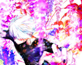  1boy black_nails black_shirt blood blood_on_face blue_flower blurry blurry_foreground closed_mouth colorful commentary_request flower green_flower kagune_(tokyo_ghoul) kaneki_ken lens_flare long_sleeves male_focus outstretched_arms purple_flower red_flower shirt shishi_(eai_make) short_hair solo tokyo_ghoul upper_body white_hair wisteria zipper zipper_pull_tab 