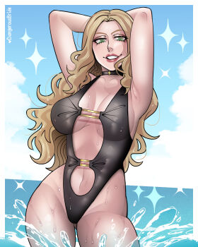  1girl absurdres arms_behind_head arms_up artist_name black_choker black_one-piece_swimsuit blonde_hair blue_sky breasts choker cleavage cloud commentary contrapposto dangerousbride devil_may_cry_(series) english_commentary gluteal_fold green_eyes highleg highleg_one-piece_swimsuit highres large_breasts long_hair navel ocean one-piece_swimsuit sky solo sparkle splashing swimsuit trish_(devil_may_cry) wading wet 