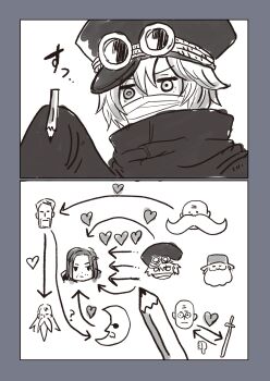 1girl :i ? beard clenched_teeth close-up drawing_(object) ethan-baron_v._nusjuro expressionless facial_hair facial_mark female_pervert figarland_garling figarland_shamrock glasses gorosei greyscale gunko hat hetero heterochromia highres holding holding_pencil jaygarcia_saturn katana long_beard long_sleeves looking_down map marcus_mars mask monochrome mouth_mask multiple_boys mustache nobuchi0503 one_piece parody pencil pervert pun shepherd_ju_peter shipping_(fandom) short_hair solo sweatdrop sword tears teeth thinking topman_warcury translation_request weapon white_background