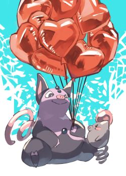  absurdres balloon black_eyes blue_background colored_skin commentary_request gara_(qbeuxvii22) gen_3_pokemon grey_skin grumpig heart_balloon highres multicolored_skin nintendo pig pig_nose pig_tail pokemon pokemon_(creature) purple_skin sitting smile spoink tail two-tone_skin white_background 