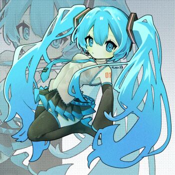  1girl 9_ron23 bare_shoulders black_boots black_skirt black_sleeves blue_eyes blue_hair blue_necktie blue_trim boots breasts collared_shirt detached_sleeves dithered_background full_body grey_shirt hair_ornament hatsune_miku high_heel_boots high_heels legs_up long_hair looking_at_viewer necktie shirt shoulder_tattoo skirt sleeveless sleeveless_shirt small_breasts tattoo thigh_boots thighhighs twintails twitter_username very_long_hair vocaloid zettai_ryouiki zoom_layer 