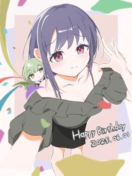  2girls bang_dream! bang_dream!_it's_mygo!!!!! black_skirt blush breasts cleavage closed_mouth commentary confetti green_hair grey_shirt happy_birthday hashtag-only_commentary highres long_hair melty_lubll mini_person multiple_girls off-shoulder_shirt off_shoulder party_popper pink_eyes purple_hair school_uniform shirt short_hair skirt tsukinomori_school_uniform wakaba_mutsumi yellow_eyes yuutenji_nyamu 