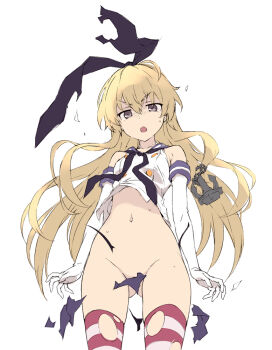  1girl anchor_hair_ornament black_neckerchief blonde_hair blue_sailor_collar breasts brown_eyes commentary crop_top elbow_gloves gloves hair_ornament kantai_collection looking_at_viewer neckerchief open_mouth panties sailor_collar sakana_(flame_sakana) shimakaze_(kancolle) simple_background skirt sleeveless small_breasts solo striped_clothes striped_thighhighs thighhighs torn_clothes torn_panties torn_skirt torn_thighhighs underwear white_background white_gloves 