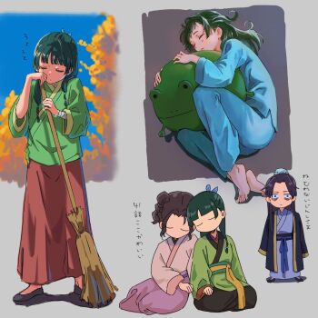 1boy 2girls bags_under_eyes barefoot beads black_shoes blue_pajamas blue_pants blue_ribbon blue_robe blue_shirt blunt_bangs broom brown_hair bun_cover chinese_clothes closed_eyes commentary_request flats green_hair grey_background hair_beads hair_bun hair_ornament hair_over_shoulder hair_ribbon highres holding holding_broom jinshi_(kusuriya_no_hitorigoto) kudake9876 kusuriya_no_hitorigoto leaning_on_person long_skirt maomao_(kusuriya_no_hitorigoto) multiple_girls multiple_views pajamas pants purple_hair red_skirt ribbon robe shirt shisui_(kusuriya_no_hitorigoto) shoes sitting skirt sleeping sleepy stuffed_animal stuffed_frog stuffed_toy sweeping updo 