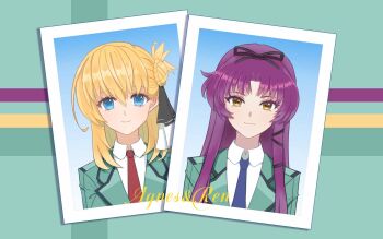  2girls agnes_claudel black_bow black_ribbon blonde_hair blue_background blue_eyes blue_necktie border bow character_name closed_mouth collared_shirt eiyuu_densetsu green_jacket hair_between_eyes hair_bow hair_bun hair_ribbon highres jacket kuro_no_kiseki_(series) light_smile long_hair looking_at_viewer multiple_girls necktie parted_bangs photo_(object) purple_hair red_necktie renne_(eiyuu_densetsu) ribbon shirt single_side_bun white_border white_shirt yellow_eyes yuu_lamia 