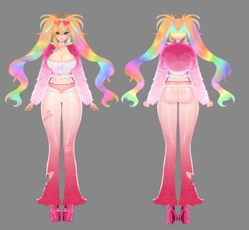  1girl absurdres ahoge arielle_(vtuber) ass back blonde_hair blue_eyes breasts choker cleavage closed_mouth eyewear_on_head fishnet_pantyhose fishnets from_behind full_body fur_jacket gannon_vt gradient_pants grey_background hair_between_eyes heart heart-shaped_eyewear heart_ahoge high_heels highres huge_breasts indie_virtual_youtuber jacket large_breasts long_hair multicolored_hair navel official_art pants pantyhose pink_nails pink_pants pink_shoes platform_heels pubic_tattoo rainbow_hair reference_sheet shoes strapless sunglasses tattoo thighs torn_clothes torn_pants tube_top twintails virtual_youtuber 