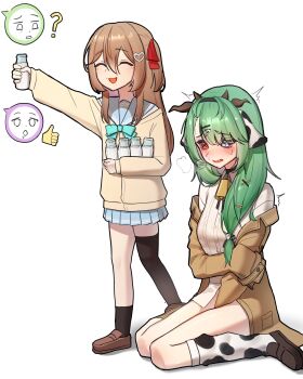  2girls absurdres animal_ears aqua_bow aqua_bowtie asymmetrical_legwear black_hairband black_socks black_thighhighs blue_eyes blue_sailor_collar blue_skirt blush bottle bow bowtie brown_hair brown_jacket brown_shoes cardigan closed_eyes closed_mouth commentary cow_ears cow_girl cow_horns cow_print_socks crelly_(vtuber) english_commentary filian_(vtuber) from_side full_body green_hair hair_between_eyes hair_ornament hair_ribbon hairband hairclip heart heart_hair_ornament heterochromia highres holding holding_bottle horns indie_virtual_youtuber jacket lavidi long_hair long_sleeves milk milk_bottle multiple_girls neuro-sama no_pants open_mouth pleated_skirt red_eyes red_ribbon ribbon sailor_collar shirt shoes simple_background single_sock single_thighhigh sitting skirt socks standing thighhighs thumbs_up two_side_up uneven_legwear vedal987 vedal_ai virtual_youtuber wariza white_background white_shirt yellow_cardigan 