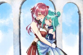  2girls 666girimekara absurdres arms_around_waist ascot black_choker blue_dress blush breasts choker closed_mouth cropped_jacket double_bun dress frilled_choker frills gloves green_hair hair_bun hair_ribbon heterochromia highres hololive houshou_marine houshou_marine_(1st_costume) hug jacket large_breasts leotard leotard_under_clothes long_hair looking_at_viewer looking_down multiple_girls red_ascot red_eyes red_hair red_jacket red_ribbon red_skirt ribbon skirt small_breasts smile tongue tongue_out twintails uruha_rushia uruha_rushia_(1st_costume) virtual_youtuber white_gloves yellow_eyes yuri 