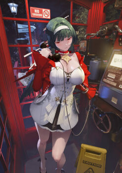 1girl absurdres astra_yao black_hair breasts chinese_commentary cleavage commentary_request dress hairband highres holding holding_phone jacket jewelry large_breasts long_hair mile_miluo necklace night no_smoking payphone pearl_necklace phone phone_booth red_eyes red_jacket sign solo very_long_hair warning_sign white_dress white_hairband zenless_zone_zero 