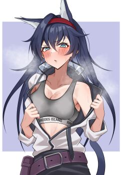  1girl absurdres animal_ears arknights black_hair blaze_(arknights) blue_eyes blush breasts cat_ears cat_girl commentary highres jacket large_breasts long_hair nekohitsuj96199 partially_open_jacket solo sweat upper_body white_jacket  rating:Sensitive score:1 user:danbooru