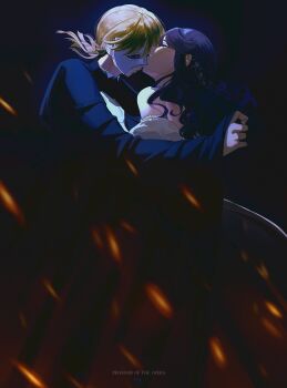  2girls absurdres adapted_costume alternate_hairstyle artist_name bare_shoulders black_background blonde_hair blue_background blue_capelet blue_jacket blurry blurry_foreground capelet christine_daae christine_daae_(cosplay) closed_eyes commentary copyright_name cosplay daiba_nana dark detached_sleeves erik_(phantom_of_the_opera) erik_(phantom_of_the_opera)_(cosplay) eye_mask face-to-face floating_hair from_side gloves green_eyes green_ribbon hair_ornament hair_ribbon half_eye_mask hand_on_another&#039;s_chest hand_up highres hoshimi_junna hug jacket ling_(chaaaaanhikari) long_hair long_sleeves looking_ahead low_ponytail mask multiple_girls parted_lips phantom_of_the_opera ponytail purple_hair ribbon shoujo_kageki_revue_starlight shoujo_kageki_revue_starlight_-re_live- sleeves_past_wrists star_(symbol) star_hair_ornament two-tone_background wavy_hair white_gloves white_mask wide_sleeves yuri 