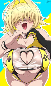  1girl :3 black_gloves blonde_hair breasts cleavage cleavage_cutout clothing_cutout covered_eyes elegg_(boom_and_shock)_(nikke) elegg_(nikke) english_text fang gloves goddess_of_victory:_nikke hair_intakes hair_over_eyes hands_on_own_chest heart heart_cutout heart_hands huge_breasts k_(kite) long_bangs navel open_mouth pink_eyes plump rabbit_ornament short_hair single_glove skindentation slingshot_swimsuit smile solo standing swimsuit tongue wristband yellow_slingshot_swimsuit 