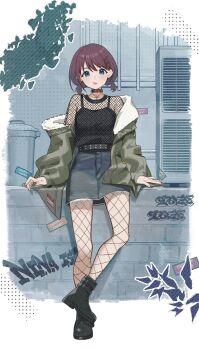  1girl absurdres against_wall black_camisole black_shoes blue_eyes brown_hair camisole character_name choker commentary_request fishnet_pantyhose fishnet_top fishnets girls_band_cry green_jacket grey_skirt group_name hair_ornament hairclip highres iseri_nina jacket jewelry kuji_(orca9ji) leaning looking_at_viewer low_twintails nail_polish necklace off_shoulder pantyhose red_choker red_nails shoes short_hair short_twintails skirt solo tongue tongue_out twintails 