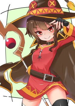  1girl asymmetrical_legwear bandaged_leg bandages belt belt_collar black_cape black_gloves black_hair black_thighhighs blush cape closed_mouth collar collarbone commentary_request cowboy_shot dress fingerless_gloves gloves gluteal_fold hand_up hat highres holding holding_staff kono_subarashii_sekai_ni_shukufuku_wo! legs_apart long_sleeves looking_at_viewer mage_staff megumin mismatched_legwear nemona_(nemona168) red_dress red_eyes short_dress short_hair_with_long_locks single_thighhigh smile solo staff thighhighs v-shaped_eyebrows witch_hat  rating:Sensitive score:6 user:danbooru