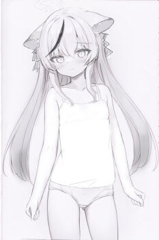  1girl absurdres arms_at_sides blue_archive blush breasts camisole clenched_hands collarbone cowboy_shot crotch_seam expressionless feet_out_of_frame female_focus gluteal_fold greyscale hair_over_shoulder halo highres kokona_(blue_archive) loli long_hair looking_at_viewer monochrome multicolored_hair panties shooko simple_background sketch small_breasts solo standing streaked_hair twintails underwear underwear_only very_long_hair  rating:Sensitive score:48 user:sidebyside
