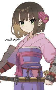  1girl armor brown_hair bushidou_(sekaiju) bushidou_4_(sekaiju) commentary_request etrian_odyssey flower green_eyes hair_flower hair_ornament hakama hakama_skirt highres japanese_armor japanese_clothes katana kimono looking_at_viewer mikamseizin obi pink_flower pink_kimono purple_hakama samurai sash sekaiju_no_meikyuu sekaiju_no_meikyuu_2 short_hair shoulder_armor skirt sode solo sword twitter_username weapon 