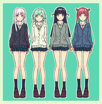  4girls aqua_background aqua_hair bang_dream! bang_dream!_girls_band_party! black_cardigan black_hair black_socks blue_cardigan blue_necktie blue_skirt blunt_bangs brown_shoes cardigan collared_shirt colored_inner_hair commentary crossover d4dj double_bun dress_shirt full_body green_hair green_necktie grey_cardigan hair_bun hakuto_chihori highres hikawa_hina izumo_saki loafers long_hair loose_necktie miniskirt multicolored_hair multiple_crossover multiple_girls necktie pink_hair pink_necktie pleated_skirt purple_hair school_uniform shirt shoes short_hair shoujo_kageki_revue_starlight sidelocks simple_background skirt socks standing teppen!!!_(manga) tsuyuzaki_mahiru two_side_up white_cardigan white_shirt yellow_necktie yukitake_(bullfalk) 