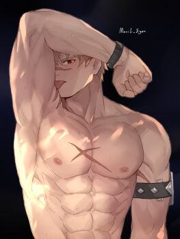  1boy arm_up armlet armpits bernheim_(king's_raid) biceps black_background brown_hair hashtag-only_commentary highres jewelry king's_raid large_pectorals licking_own_arm male_focus mexil_eyen muscular muscular_male nipples nude official_alternate_costume pectoral_cleavage pectorals red_eyes red_hair scar scar_on_arm scar_on_chest scar_on_face scar_on_nose scar_on_pecs short_hair simple_background solo sweat tongue tongue_out upper_body wristband 