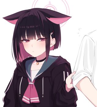  1boy 1girl animal_ears black_choker black_hoodie blue_archive blunt_bangs blush cat_ears choker closed_mouth clothes_grab collarbone colored_inner_hair commentary_request exiadoon extra_ears flying_sweatdrops green_sailor_collar halo highres hood hood_down hoodie kazusa_(blue_archive) long_sleeves multicolored_hair neckerchief pink_hair pink_neckerchief red_eyes sailor_collar sensei_(blue_archive) shirt short_hair sidelocks simple_background sleeves_rolled_up solo_focus upper_body white_background white_shirt 