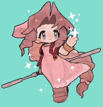  1girl aerith_gainsborough aqua_background bangle blym7oym7759061 boots bracelet braid braided_ponytail breasts brown_boots brown_hair chibi chibi_only choker dress final_fantasy final_fantasy_vii final_fantasy_vii_remake full_body green_eyes highres holding holding_staff jacket jewelry light_blush long_hair materia medium_breasts open_mouth parted_bangs pink_dress red_jacket sidelocks single_braid smile solo sparkle staff 