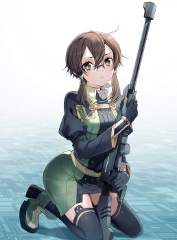  1girl asada_shino breasts brown_eyes brown_hair energy_gun glasses gloves gun hair_between_eyes hair_ornament hair_ribbon highres holding holding_gun holding_weapon jacket looking_at_viewer ribbon rifle science_fiction scope shirt short_hair sidelocks skirt sniper_rifle solo sword_art_online sword_art_online_the_movie:_ordinal_scale thighhighs weapon yoru_kiri 