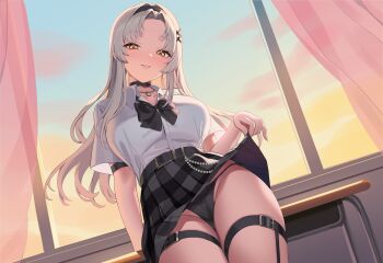  black_panties bubblebebe clothes_lift highres indie_virtual_youtuber jewelry mole mole_under_eye necklace non-web_source panties ring ring_necklace school_uniform skirt skirt_lift string_panties thigh_strap underwear virtual_youtuber white_hair yan.c yellow_eyes 