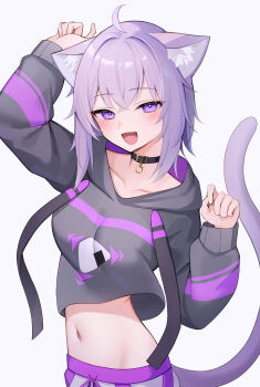  1girl absurdres ahoge animal_collar animal_ear_fluff animal_ears black_collar black_hoodie blush breasts cat_ears cat_girl cat_tail choker collar collarbone commentary_request cropped_hoodie food food_print grey_background hair_between_eyes highres hololive hood hood_down hoodie long_sleeves looking_at_viewer navel nekomata_okayu nekomata_okayu_(1st_costume) onigiri onigiri_print open_mouth purple_eyes purple_hair purple_tail shin_insh shirt shoes short_hair simple_background sleeves_past_wrists smile sneakers solo stomach tail virtual_youtuber 