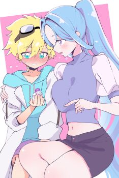  1boy 1girl absurdres black_skirt blonde_hair blue_eyes blue_hair blush breast_press breasts commentary_request goggles goggles_on_head hair_between_eyes highres ieri_shiruku jett_(precure) large_breasts long_hair meitantei_precure! midriff mozuya_murasaki navel pink_background ponytail precure short_hair skirt two-tone_background very_long_hair white_background 