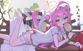  1girl ahoge alternate_costume alternate_hairstyle bangle bare_legs barefoot bench blonde_hair blue_archive blush bracelet breasts china_dress chinese_clothes covered_navel crossed_bangs dot_nose double_bun dream_of_pears dress fang feet feet_up flower hair_between_eyes hair_bun hair_ornament hair_over_shoulder halo hand_fan hashtag-only_commentary heterochromia highres holding holding_fan hoshino_(blue_archive) hoshino_(flowery_charms)_(blue_archive) huge_ahoge jewelry loli long_hair looking_at_viewer lying mahjong_soul on_bench on_side open_mouth petals pink_hair pink_halo scrunchie short_sleeves skin_fang small_breasts smile snake soles solo star_(symbol) star_hair_ornament thighs toes very_long_hair white_dress white_flower white_scrunchie white_snake wrist_scrunchie yellow_eyes 