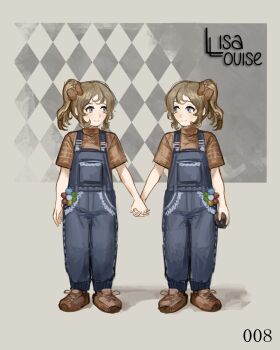  2girls argyle_background blue_eyes blue_overalls brown_hair brown_shoes character_name character_signature closed_mouth fragrance_(freakyduck9000) grey_background highres holding holding_hands holding_stuffed_toy looking_at_another looking_to_the_side mirror_twins multiple_girls orange_shirt overalls reverse:1999 shirt shoes short_sleeves siblings side_ponytail sisters smile standing stuffed_animal stuffed_toy twins twins_sleep 