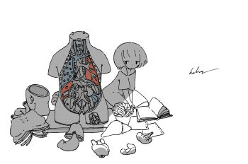  1girl absurdres anatomy book commentary greyscale highres kaduise looking_at_viewer monochrome open_book original short_hair signature sitting solo spot_color 