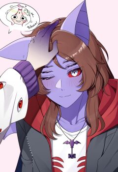  absurdres animal_ears bat_boy bat_ears brown_hair carol_(lilum) colored_sclera colored_skin dante_will dante_will_(bat) extra_eyes headpat highres jacket jewelry key key_necklace long_hair monster_girl necklace neobaka passarinho122 pink_hair portuguese_text purple_skin red_sclera shirt slang slime_girl spoken_character virtual_youtuber white_shirt wings 