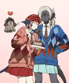  1boy 2girls argyle_clothes au_ra black_horns black_scales black_skin black_tail blue_cardigan broken_heart cake cardigan cheek_poking cirina_mol colored_skin dragon_girl dragon_horns dragon_tail eating final_fantasy final_fantasy_xiv food heart horns magnai_oronir mbomb multiple_girls necktie netorare official_alternate_costume official_alternate_hairstyle pink_cardigan pleated_skirt poking sadu_dotharl scales skirt tail yuri 